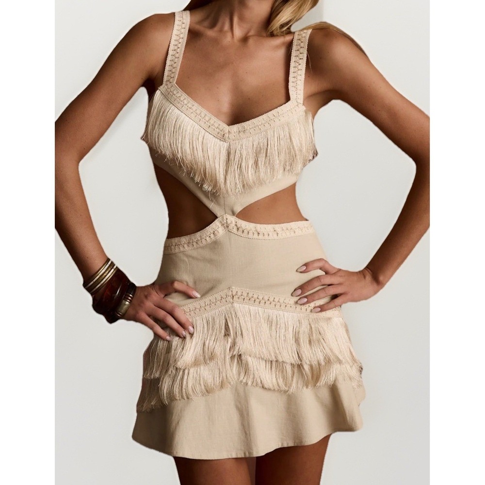 12th Tribe Beige Fringe Cutout Mini Dress